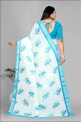 white floral linen cotton digital print saree