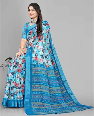 sky blue  linen cotton digital print saree (sky) 1
