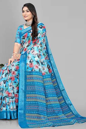 sky blue  linen cotton digital print saree (sky)