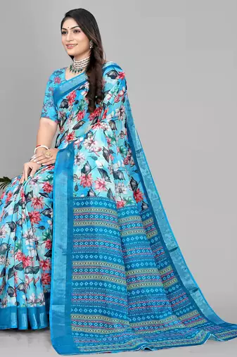 sky blue  linen cotton digital print saree (sky)