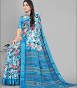 sky blue  linen cotton digital print saree (sky)