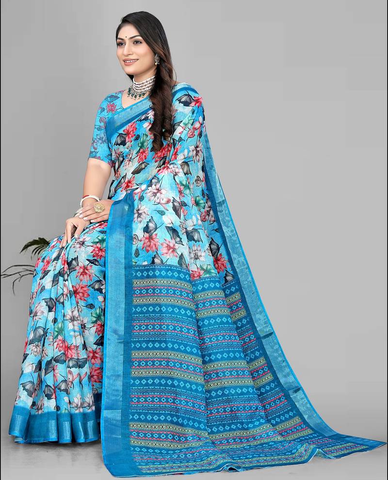 sky blue  linen cotton digital print saree (sky)