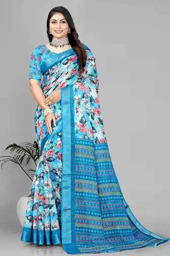 sky blue  linen cotton digital print saree (sky)