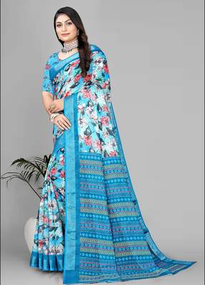 sky blue  linen cotton digital print saree (sky) 4