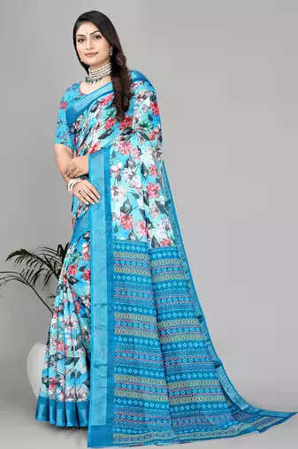 sky blue  linen cotton digital print saree (sky)
