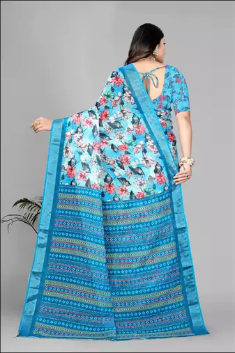 sky blue  linen cotton digital print saree (sky)