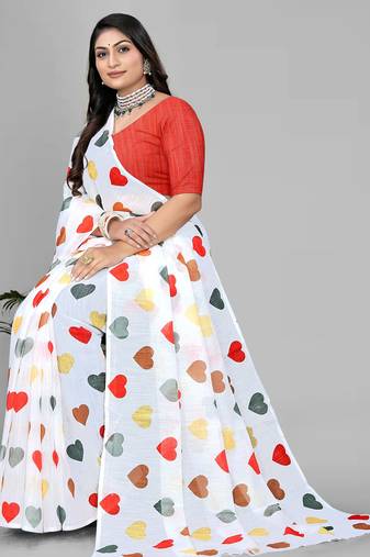 white heart design digital print saree
