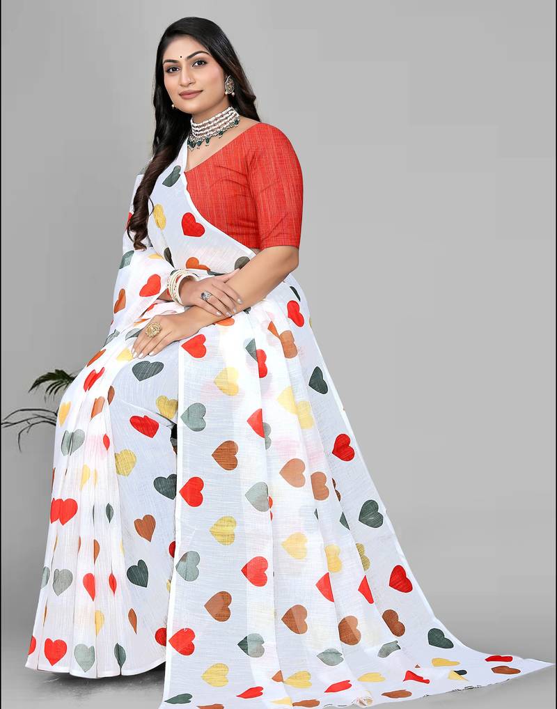white heart design digital print saree