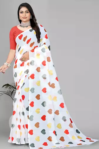 white heart design digital print saree