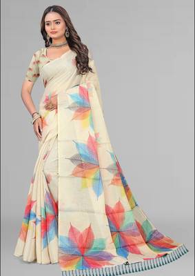 beige chanderi cotton digital print saree 1