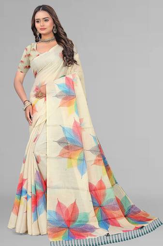 beige chanderi cotton digital print saree