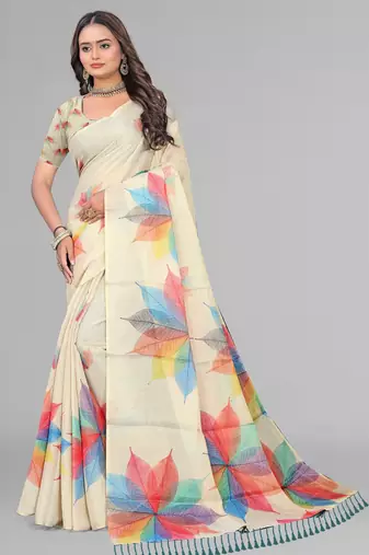 beige chanderi cotton digital print saree