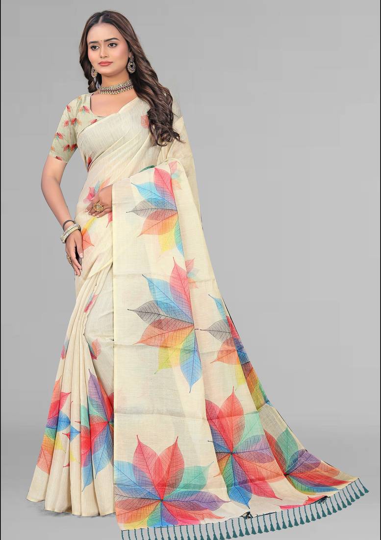beige chanderi cotton digital print saree