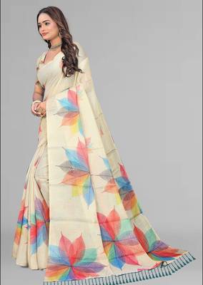 beige chanderi cotton digital print saree 3
