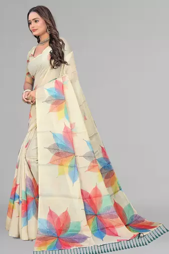 beige chanderi cotton digital print saree