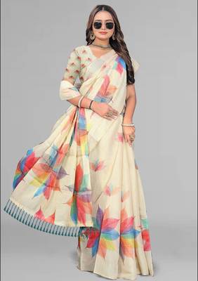 beige chanderi cotton digital print saree 4