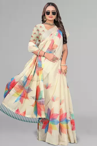 beige chanderi cotton digital print saree