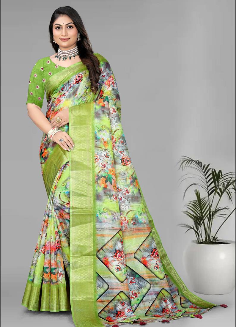 green  dola digital floral print saree
