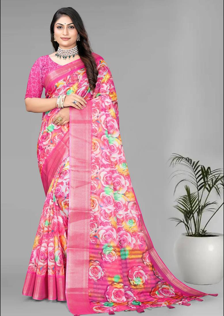 pink  dola digital floral print saree