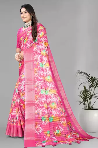 pink  dola digital floral print saree