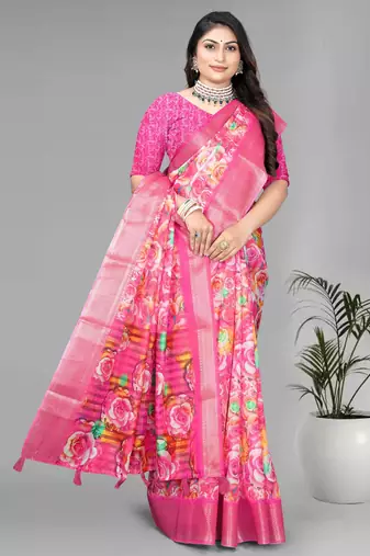 pink  dola digital floral print saree