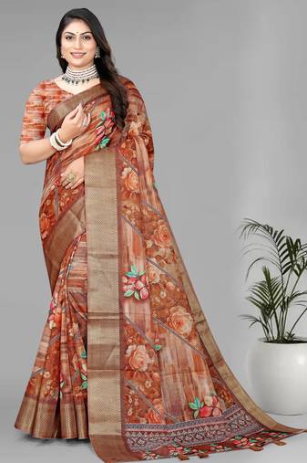 brown  dola digital floral print saree