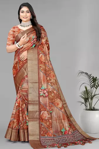 brown  dola digital floral print saree