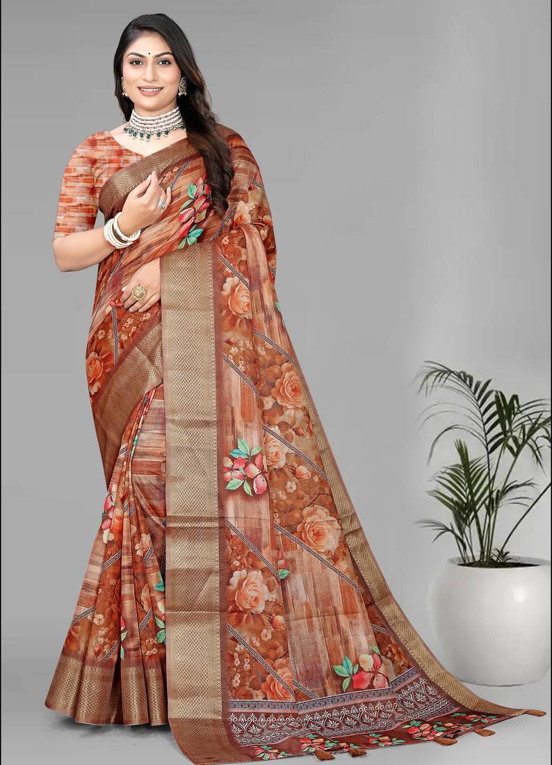 brown  dola digital floral print saree