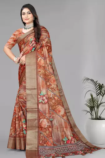 brown  dola digital floral print saree
