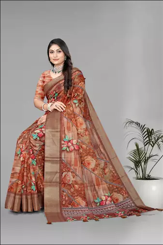 brown  dola digital floral print saree