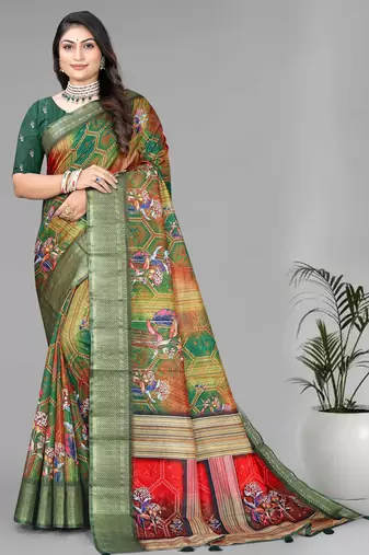 green  dola digital floral print saree