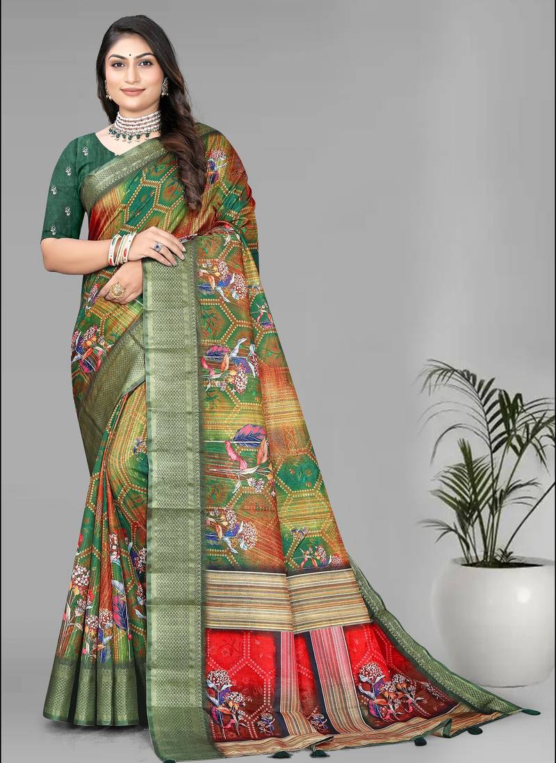 green  dola digital floral print saree