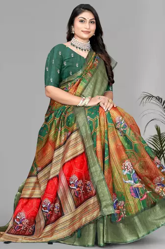 green  dola digital floral print saree