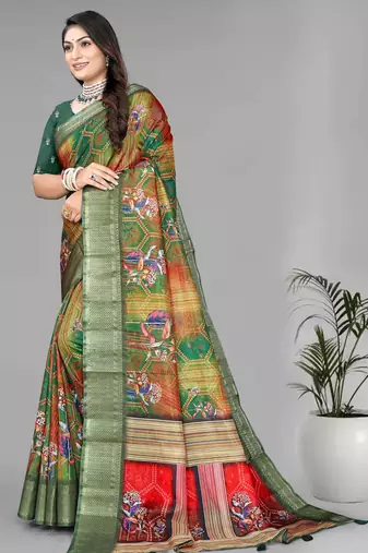 green  dola digital floral print saree