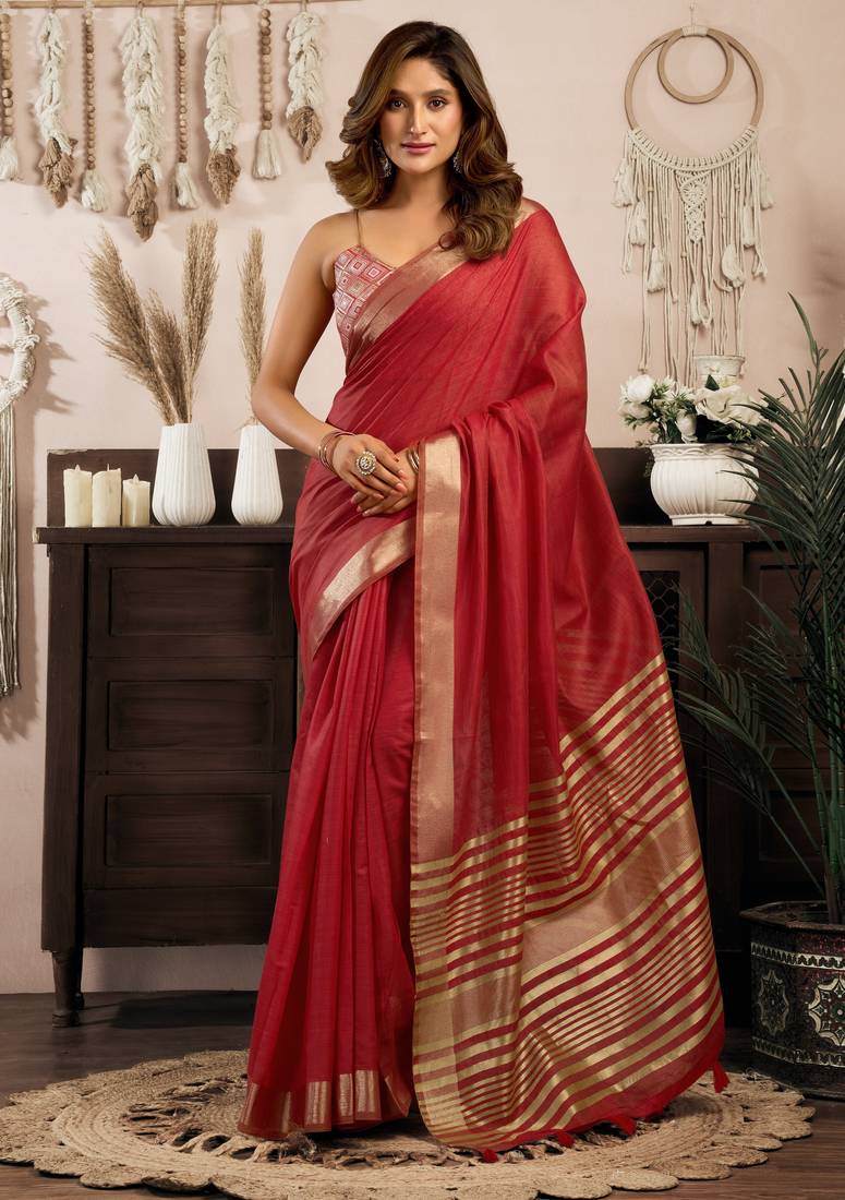 khadi cotton saree with elegant jhallar border & rich brocade blouse