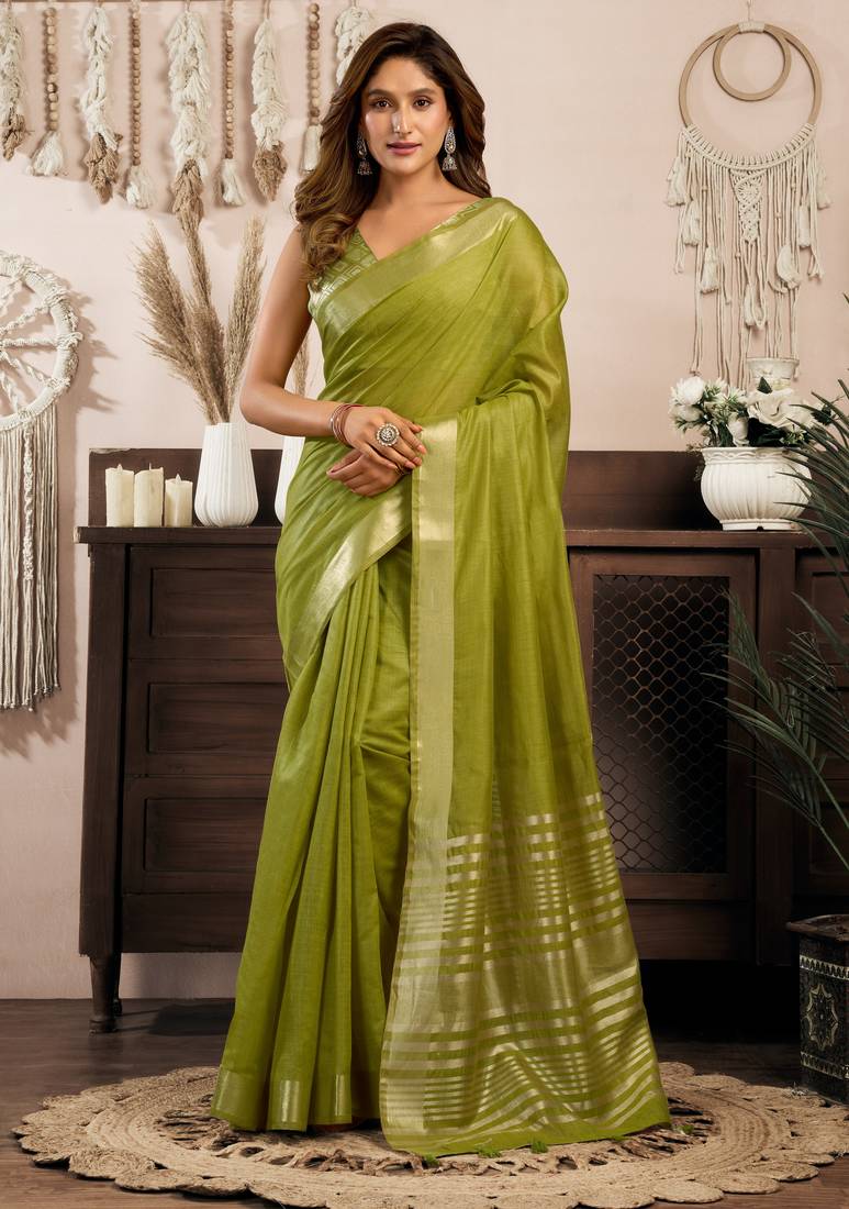 khadi cotton saree with elegant jhallar border & rich brocade blouse