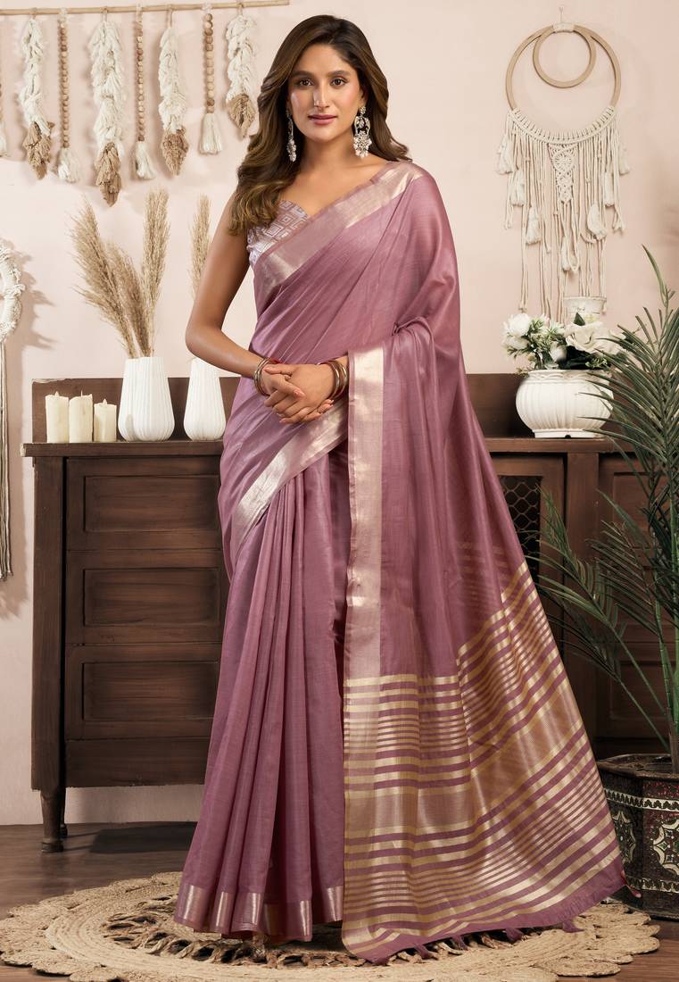 khadi cotton saree with elegant jhallar border & rich brocade blouse