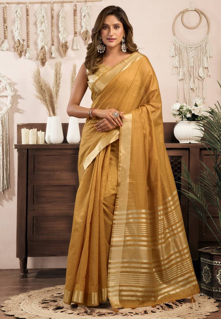 khadi cotton saree with elegant jhallar border & rich brocade blouse