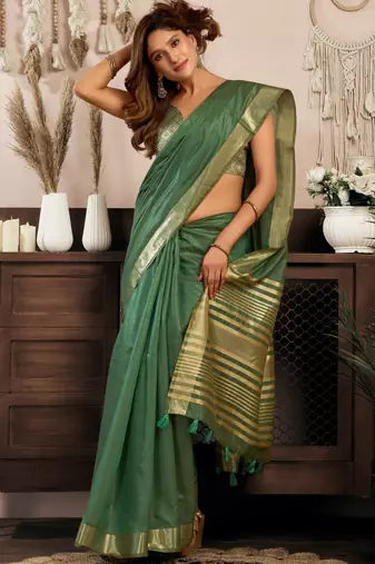 khadi cotton saree with elegant jhallar border & rich brocade blouse