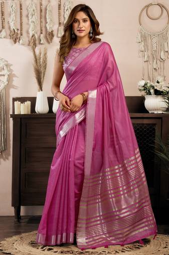 khadi cotton saree with elegant jhallar border & rich brocade blouse
