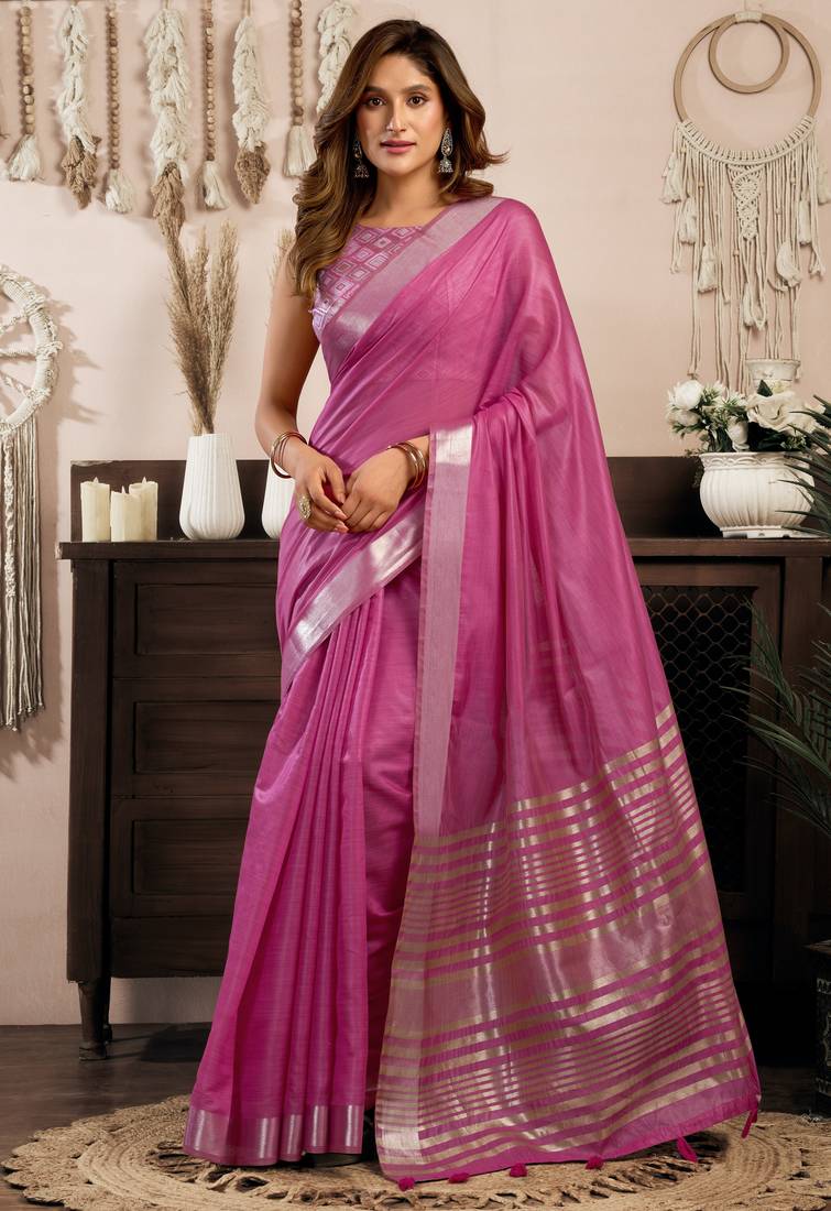 khadi cotton saree with elegant jhallar border & rich brocade blouse