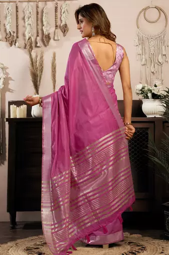 khadi cotton saree with elegant jhallar border & rich brocade blouse