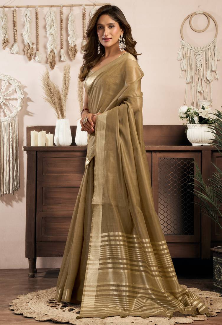 khadi cotton saree with elegant jhallar border & rich brocade blouse