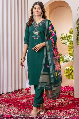 Green viscose silk thread embroidered designer salwar suit