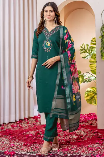Green viscose silk thread embroidered designer salwar suit