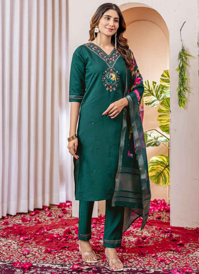Green viscose silk thread embroidered designer salwar suit