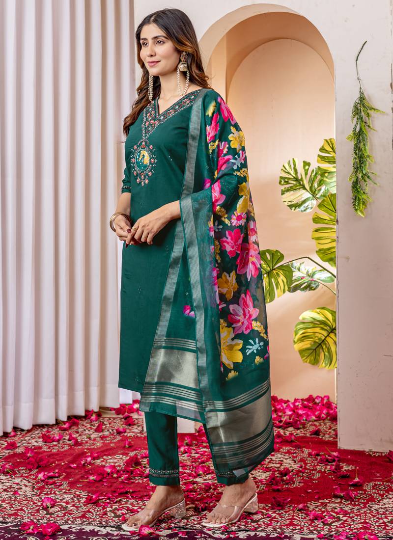 Green viscose silk thread embroidered designer salwar suit
