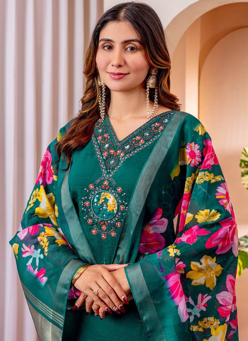 Green viscose silk thread embroidered designer salwar suit