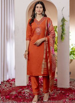 Orange viscose silk thread embroidered salwar suit 1