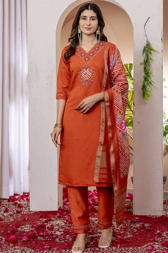Orange viscose silk thread embroidered designer salwar suit
